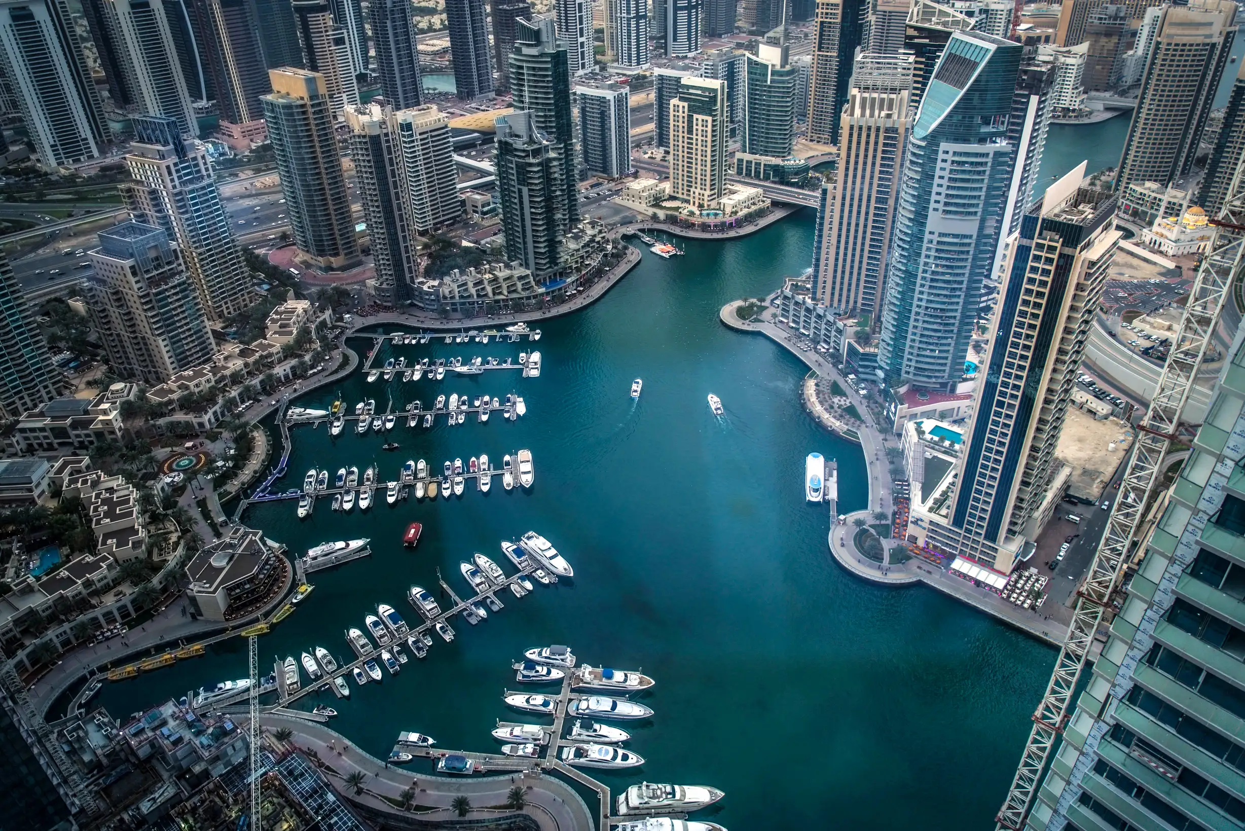 Apartment towers and waterfront promenade in Dubai Marina
